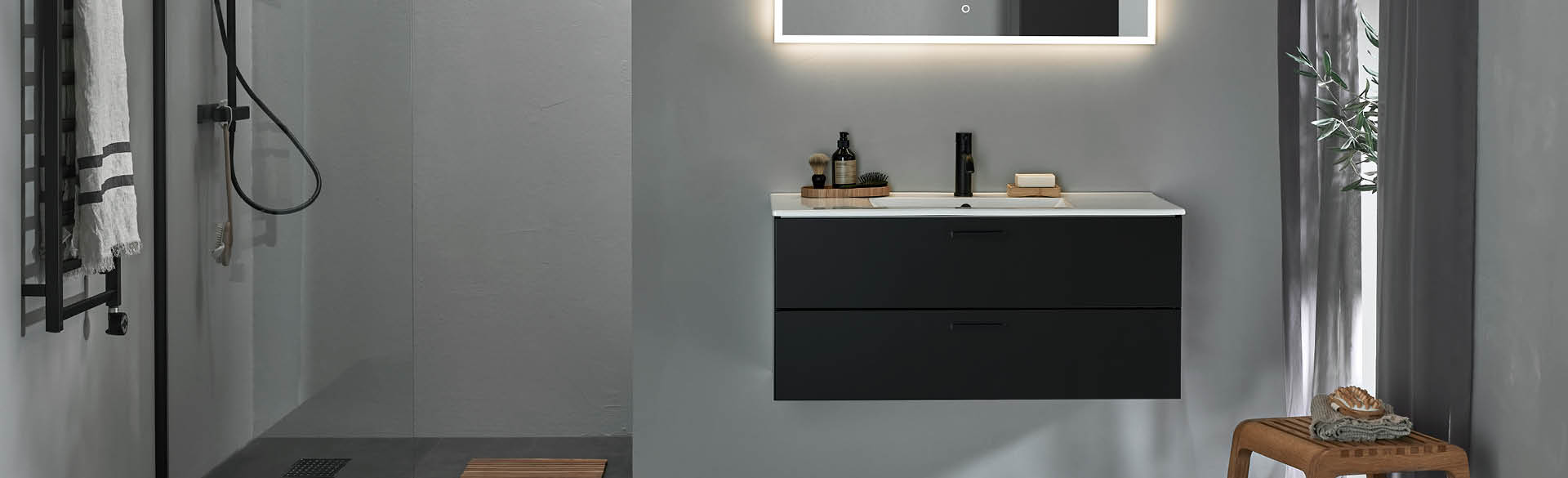 Badrumsmöbel Hafa Go svart 100 med två lådor och Store Led-spegel