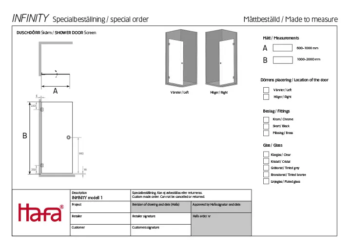 Beställningsformulär duschdörr skärm modell 1