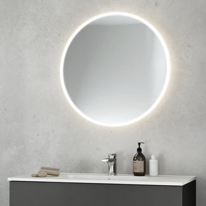 Store rund spegel med LED-belysning