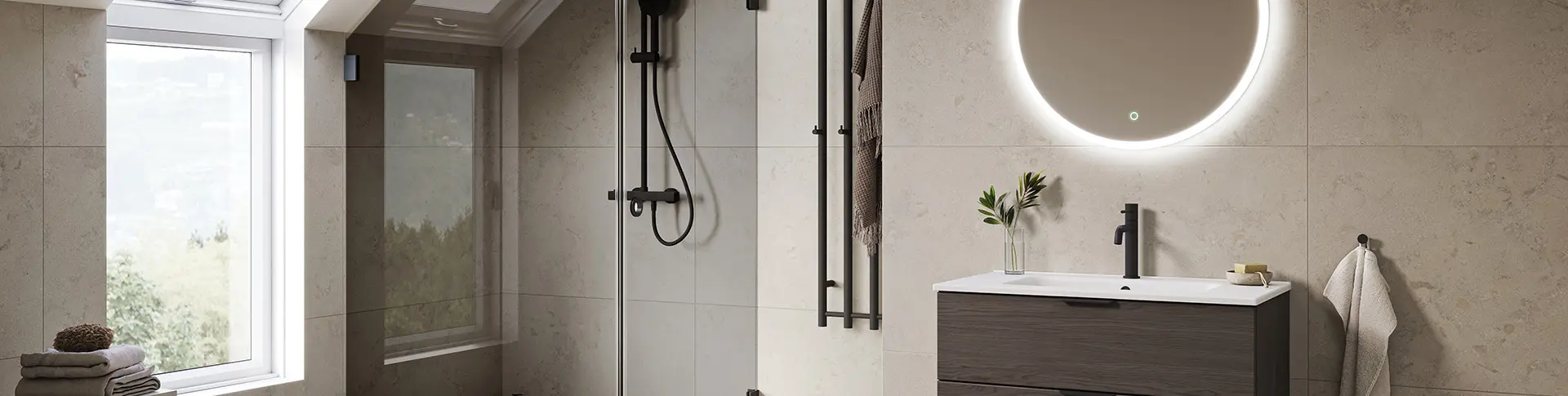 Skräddarsydd dusch infinity och Go badrumsmöbel i mörk ek